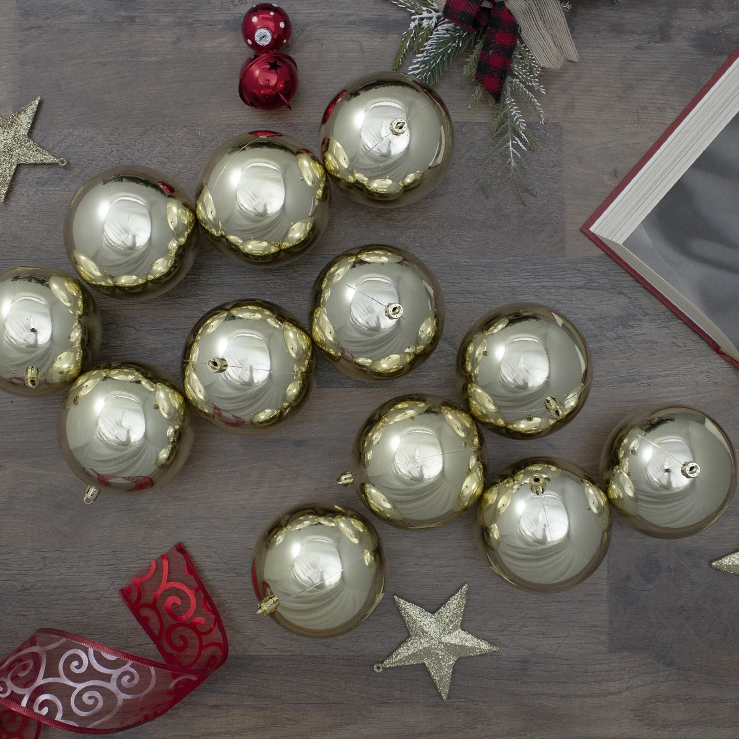 12Ct Champagne Gold Shatterproof Shiny Christmas Ball Ornaments 4" (100Mm)