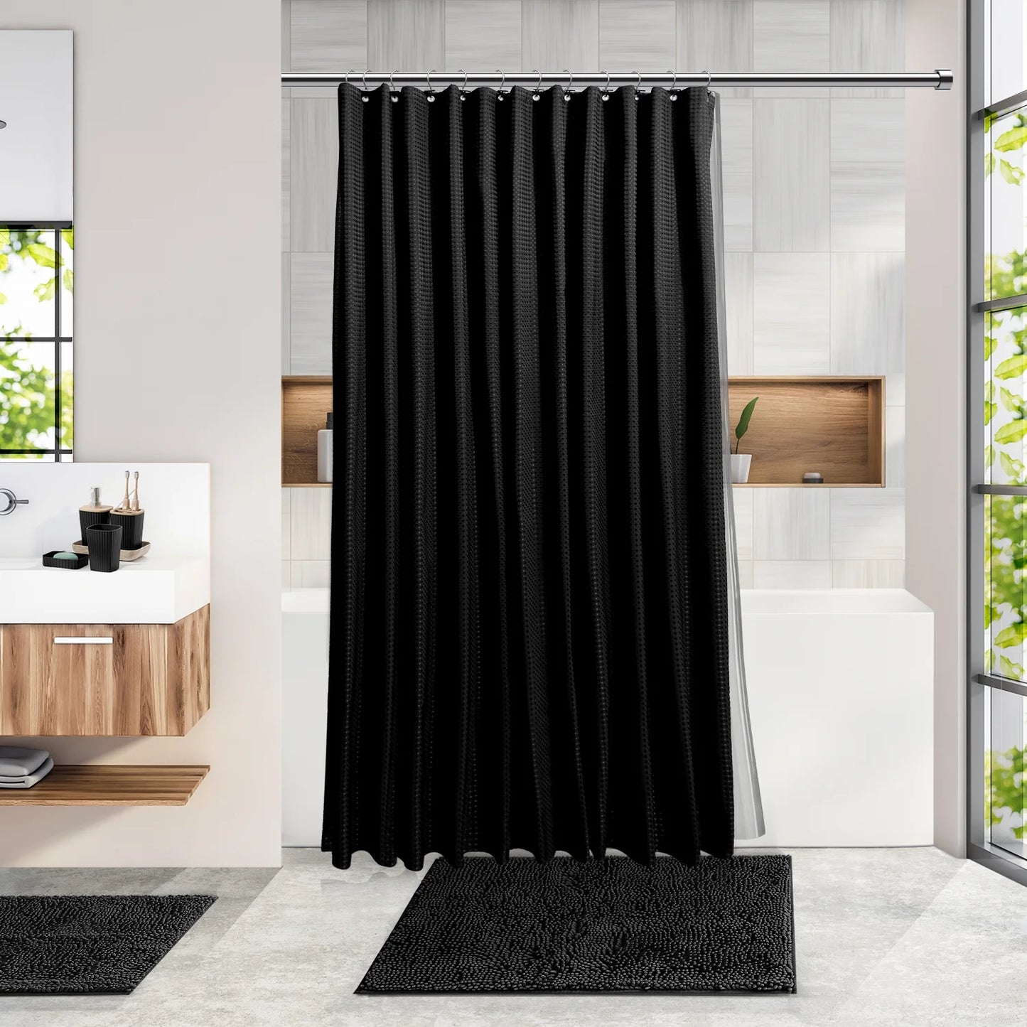 20 Piece Bamboo Bathroom Sets, Black Bathroom Accessories Set with Shower Curtain