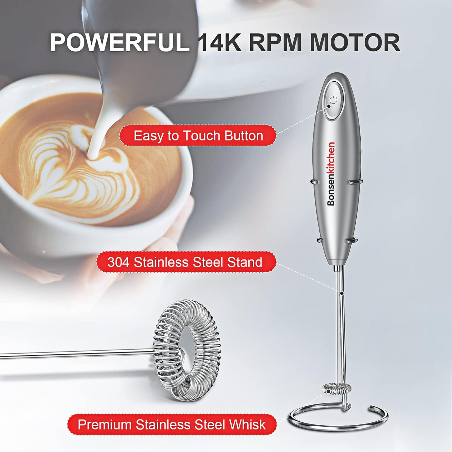 Electric Milk Frother Handheld, Portable Whisk Milk Foam Maker with Stainless Steel Stand, Drink Mixer for Coffee, Matcha, Electric Stirrer Coffee Mixer, Battery Operated(Not Included)
