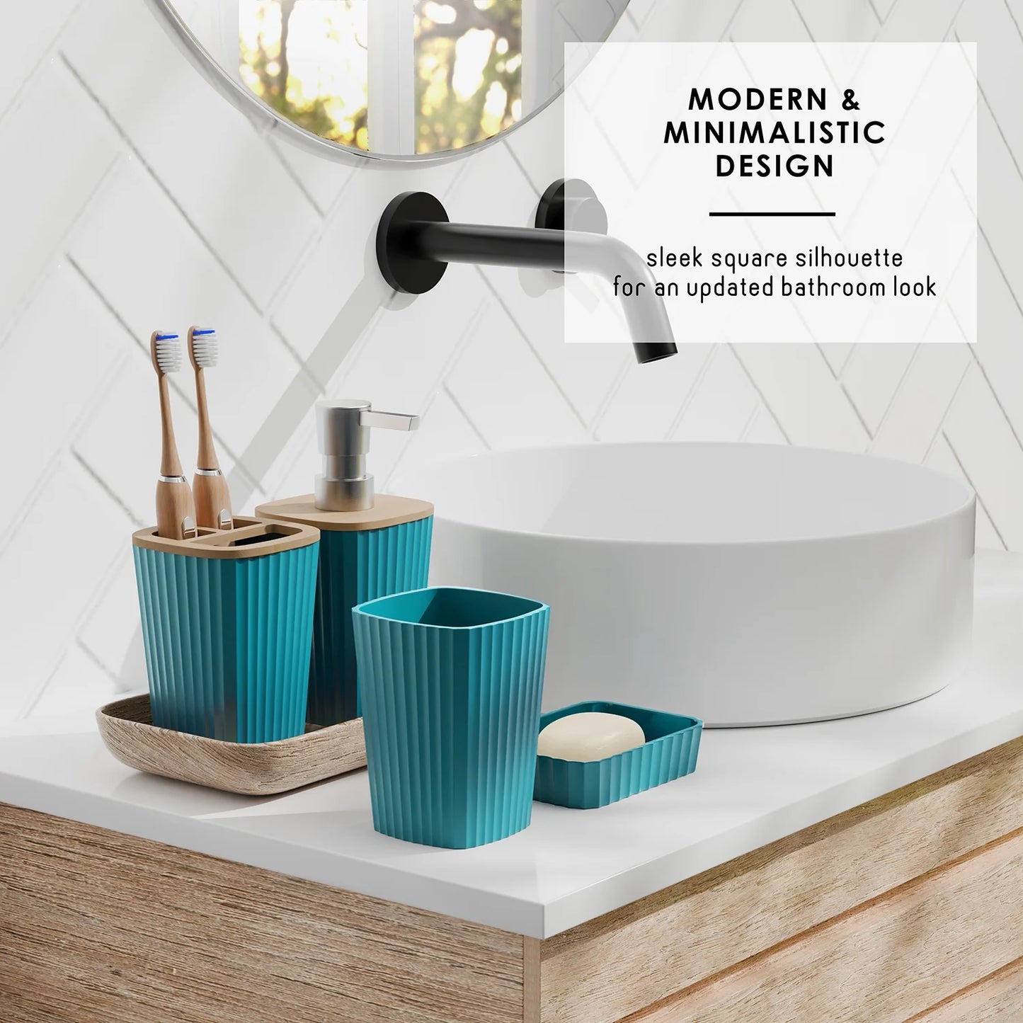 22 Piece Bamboo Bathroom Sets, Teal Blue Bathroom Accessories Sets for Minimalistic Bathroom Décor