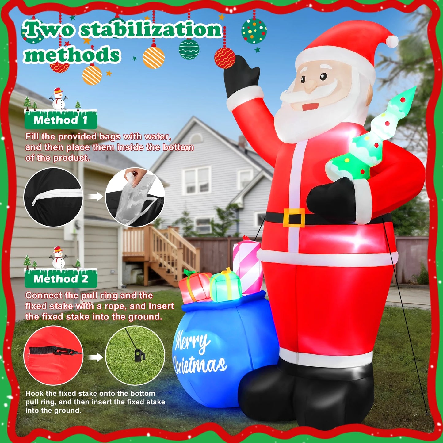 8FT Christmas Inflatable Santa Claus with Big Gift Bag and Christmas Tree Outdoor Decorations,Built-In LED Light,Blow up Xmas Inflatables for Front Back Yard Garden Lawn