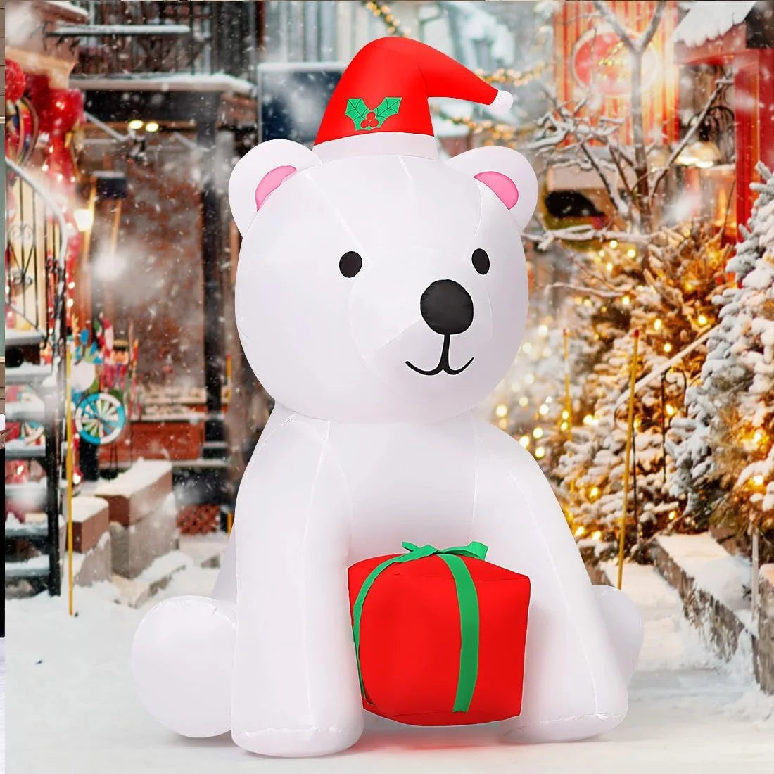 Christmas Inflatables 5 FT Polar Bear Blow up with LED Lights, Cute Inflatable Polar Bear Holding Present, Outdoor Christmas Decorations Polar Bear Inflatable for Xmas Holiday Party