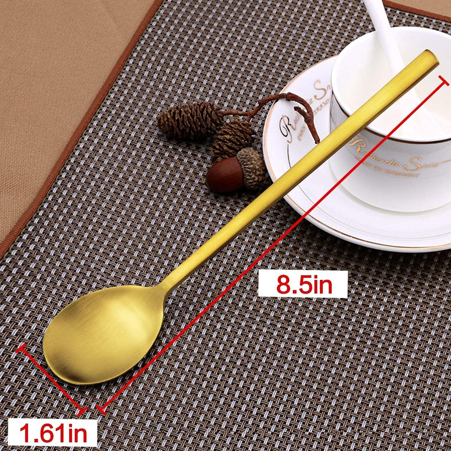 Korean Spoons - 8 Piece Stainless Steel Set, 8.5 Inch, Gold with Long Handles, Asian Cooking Spoons for Home, Kitchen or Restaurant