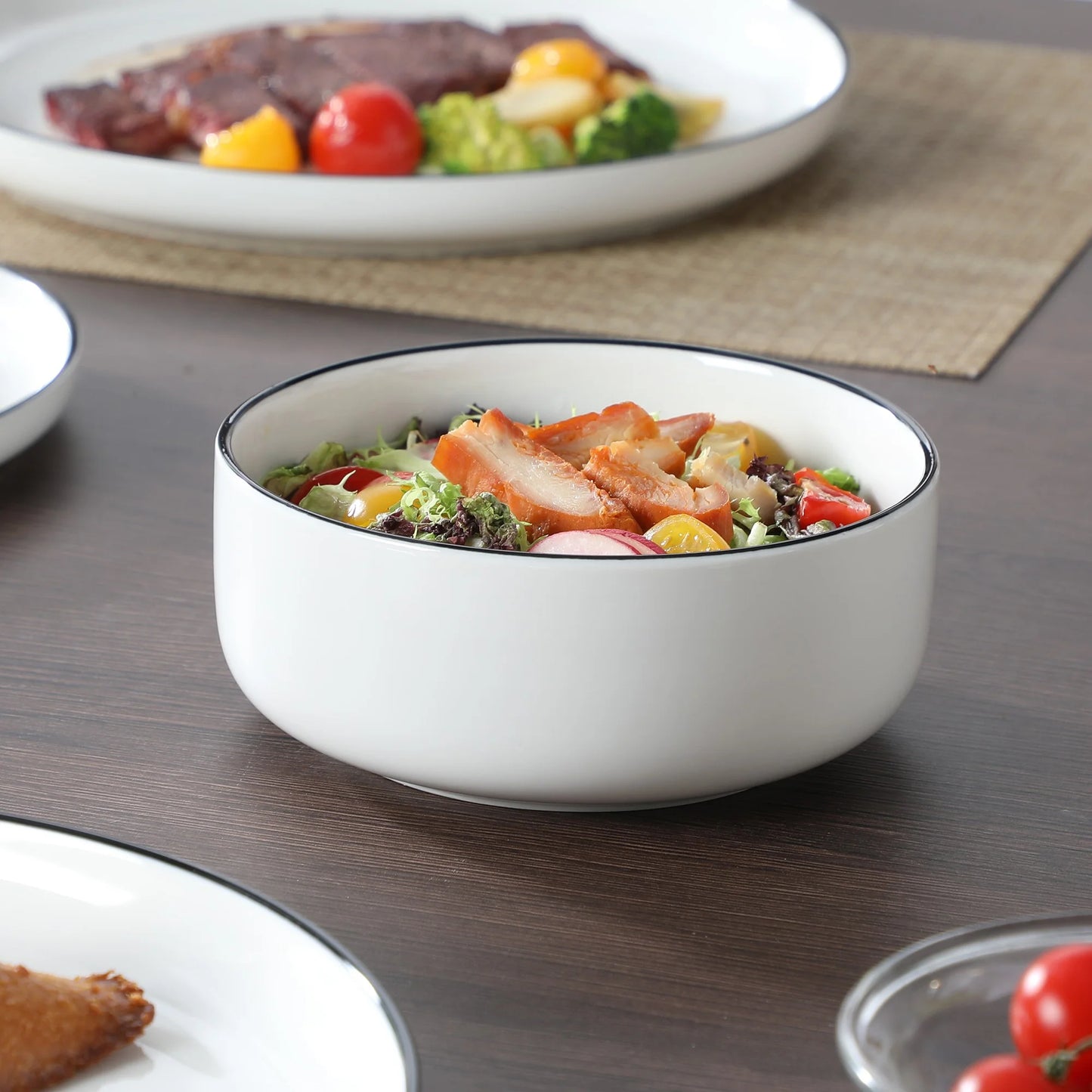12 Pcs Dinnerware Sets, Plates and Bowls Set for 4, Ceramic Dinner Set, White and Black