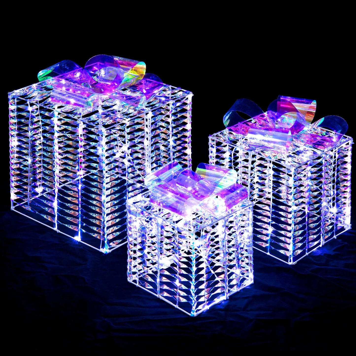 Set of 3 Iridescent Christmas Gift Box LED Lighted Present Box Decoration Yard
