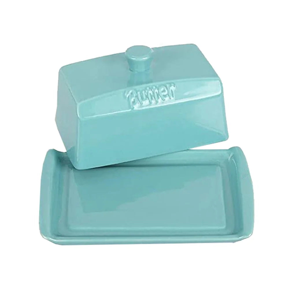 Ceramic Butter Dish Keeper Holder Countertop Rectangle Container with Lid - Blue