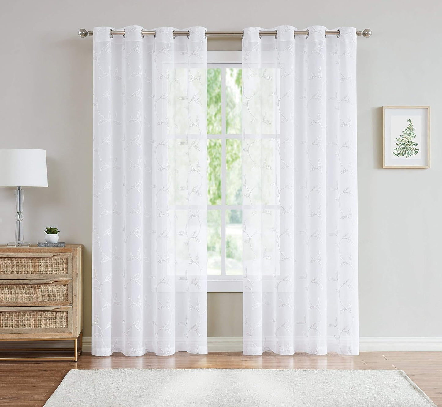 Pair of 2 Sheer White Curtains with White Leaf Embroidery. Modern Farmhouse Curtains for Living Room, for Kitchen or Bedroom Decor. (Maria 54 X 63 White)