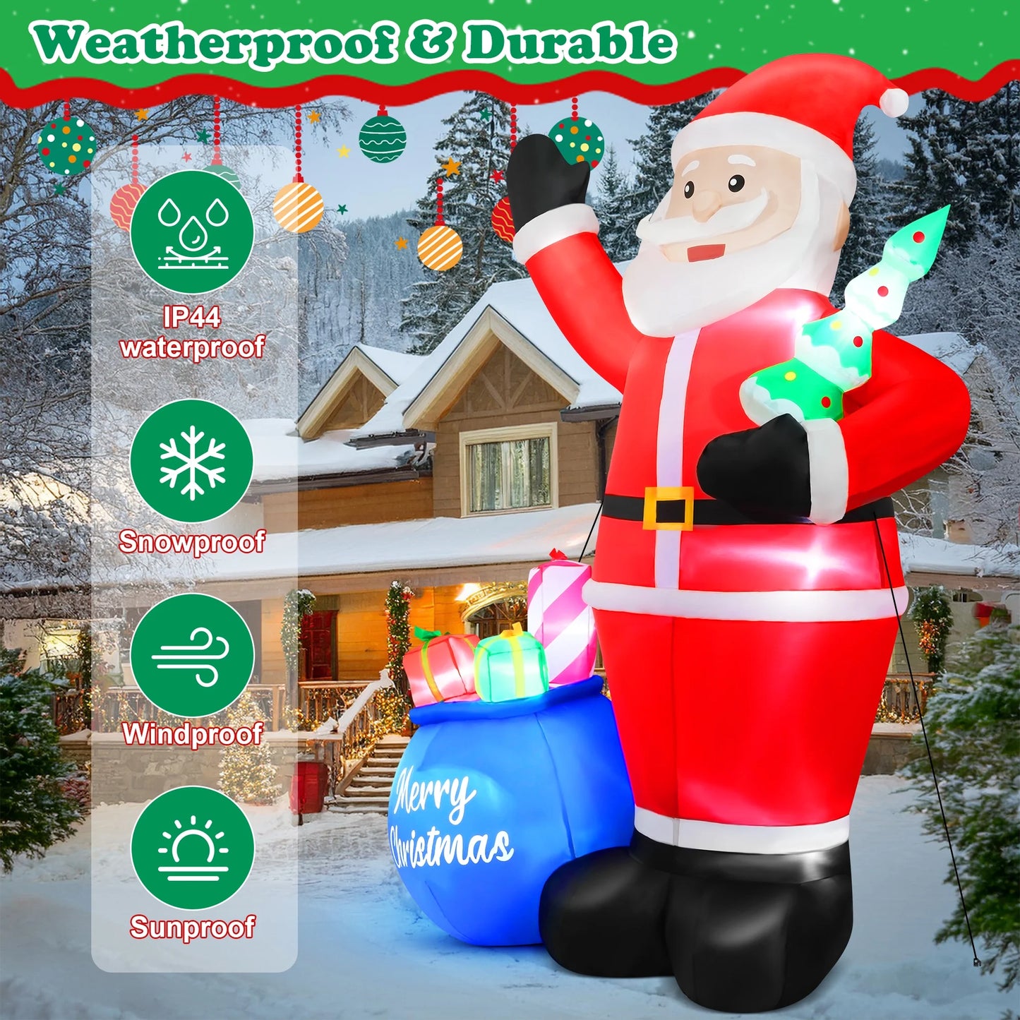 8FT Christmas Inflatable Santa Claus with Big Gift Bag and Christmas Tree Outdoor Decorations,Built-In LED Light,Blow up Xmas Inflatables for Front Back Yard Garden Lawn