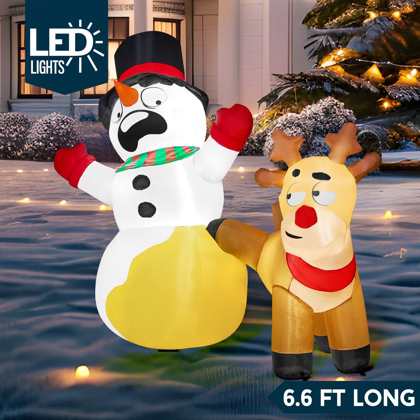 6.6 Ft Christmas Inflatables Reindeer Snowman Outdoor Decorations,Christmas Reindeer Peeing on Snowman Blow Ups Yard with Built-In Leds for Holiday Party Garden Lawn Decor