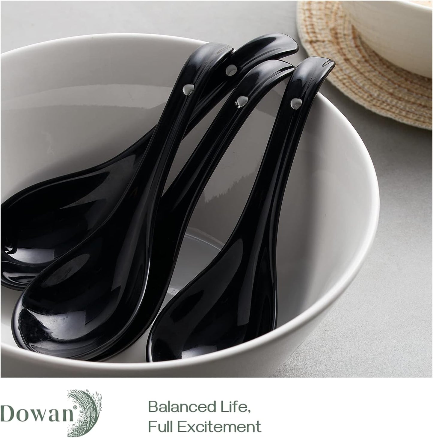 Soup Spoons, Ceramic Chinese, Asian Soup Spoons, White Japanese Spoon Large for Ramen Pho Wonton Dumpling Miso, Deep Oval Hook Design, Set of 6 (6, Black)