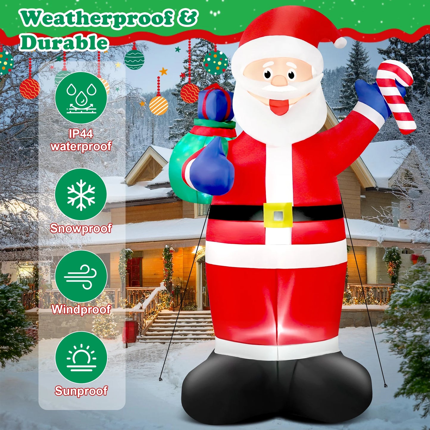 8FT Christmas Inflatable Santa Claus Outdoor Decorations,Blow up Santa Claus with Gifts Bag, Built-In Brilliant LED Lights Xmas Inflatables Yard Decor