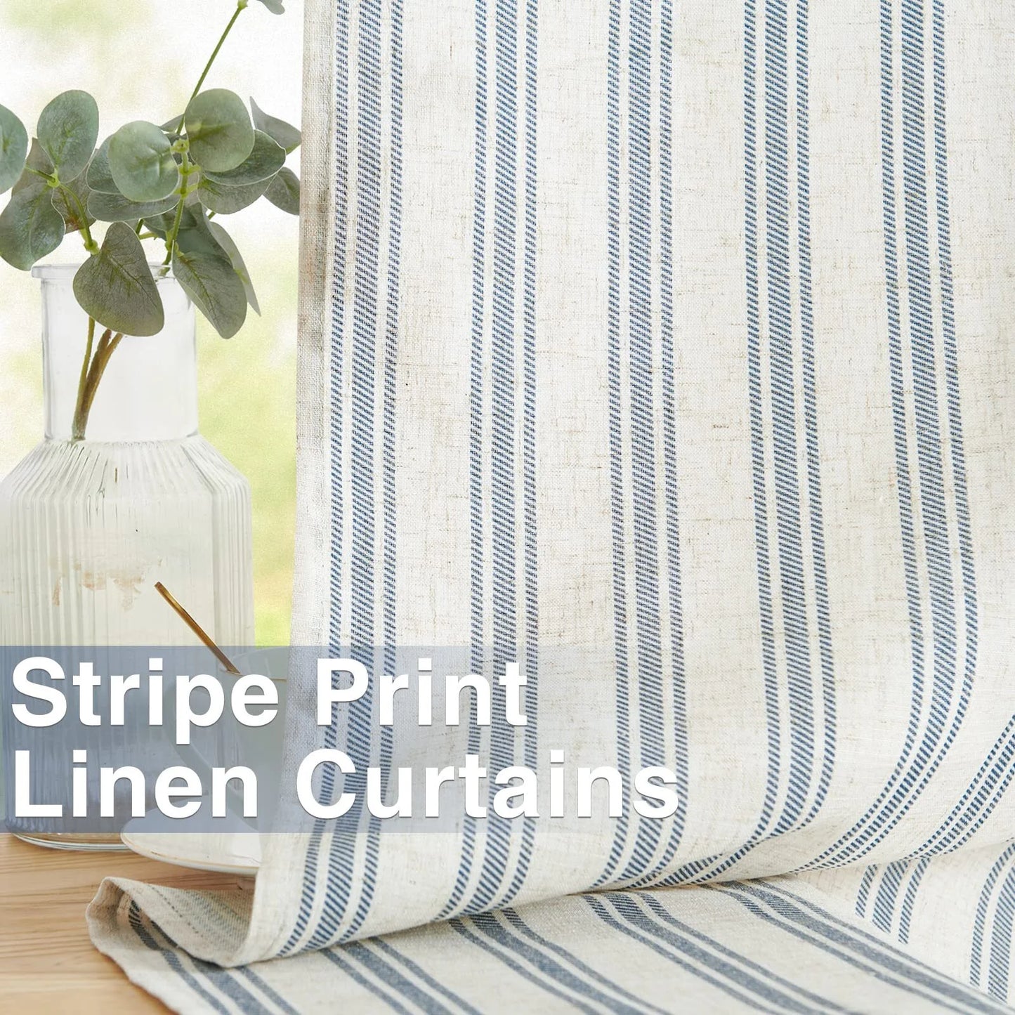 Blue Striped Curtains Linen Farmhouse Living Room Curtains Ticking Stripe Curtains Rustic Pinstripe Curtains Grommet 2 Panels 50" X 63"