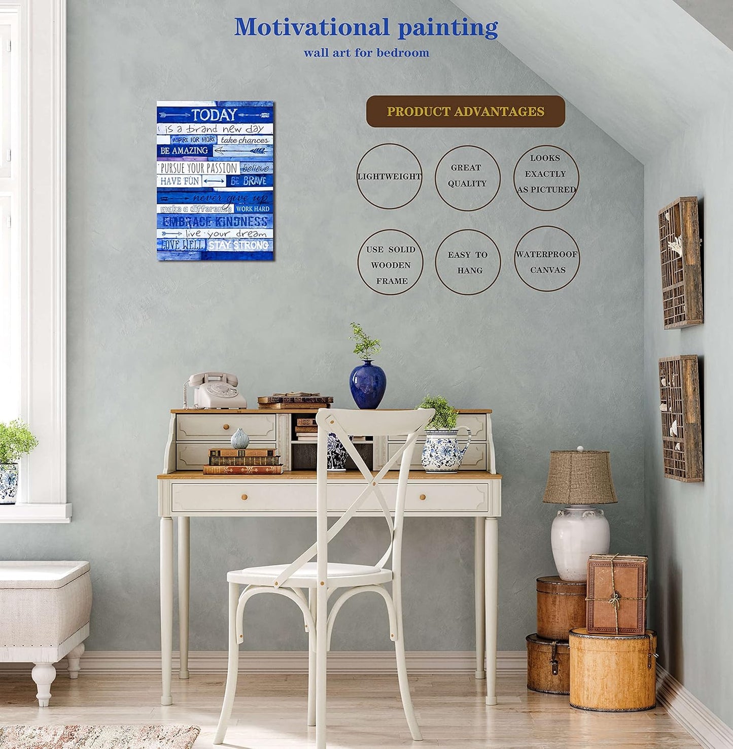 Inspirational Quotes Office Decor - Blue Motivational Wall Art - Framed Canvas Size 12X16 Inches