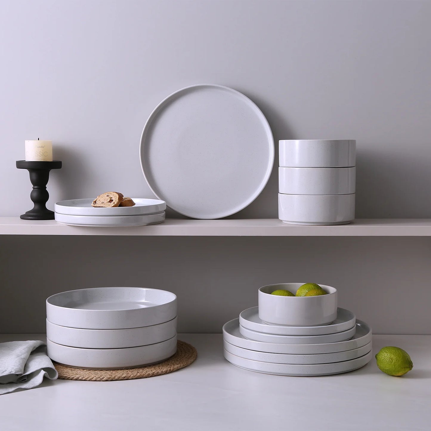 12 Piece Dinnerware Set, Stoneware Plates and Bowls Set, Dish Set for 4, Light Gray