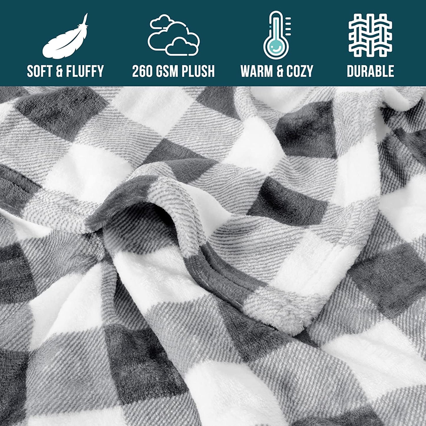 Light Grey Buffalo Plaid Throw Blanket for Couch, Soft Checkered Flannel Fleece Blanket for Sofa, Grey White Plaid Decorative Couch Throw, Warm Cozy All Season Fall Blanket Decor Gift, 50X60
