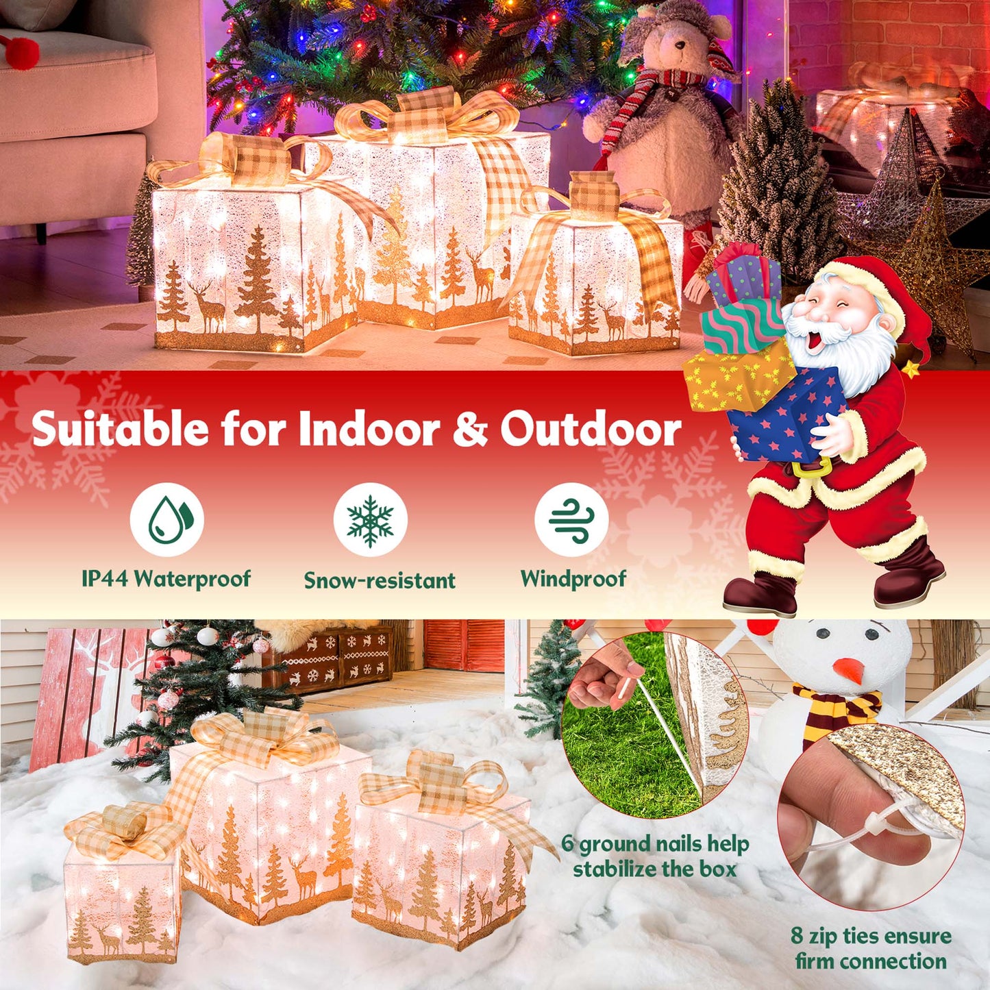 Set of 3 Pre-Lit Christmas Gift Boxes Lighted Present Decoration with 100 Lights