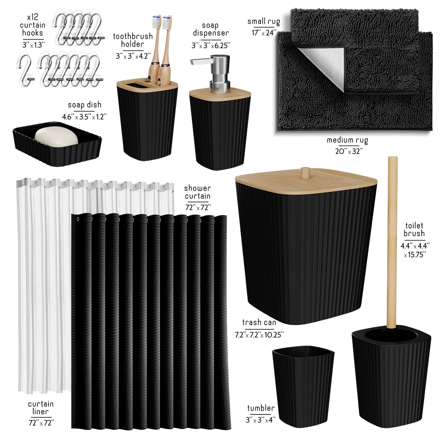 22 Piece Bamboo Bathroom Sets, Black Bathroom Accessories Set for Minimalistic Bathroom Décor