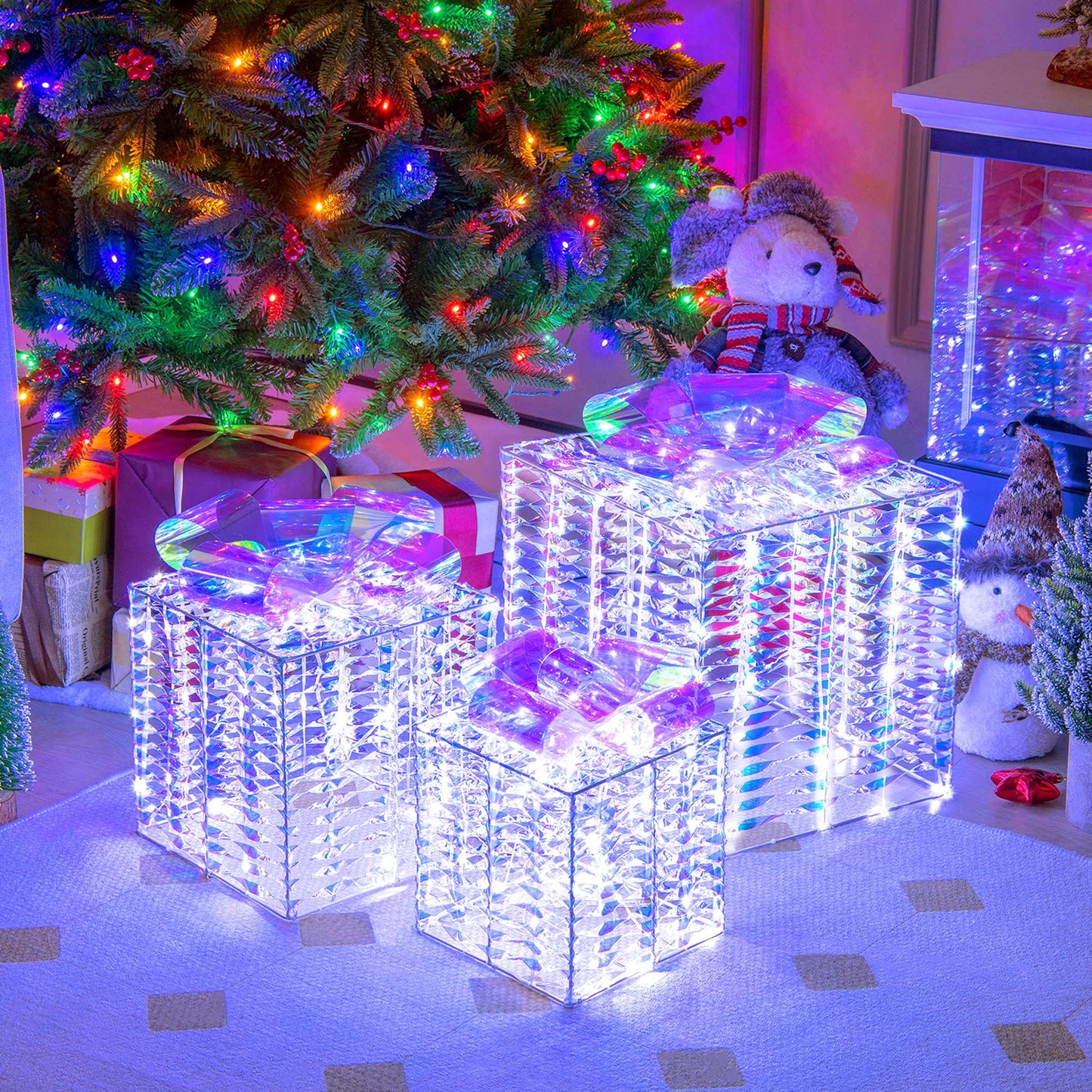 Set of 3 Iridescent Christmas Gift Box LED Lighted Present Box Decoration Yard