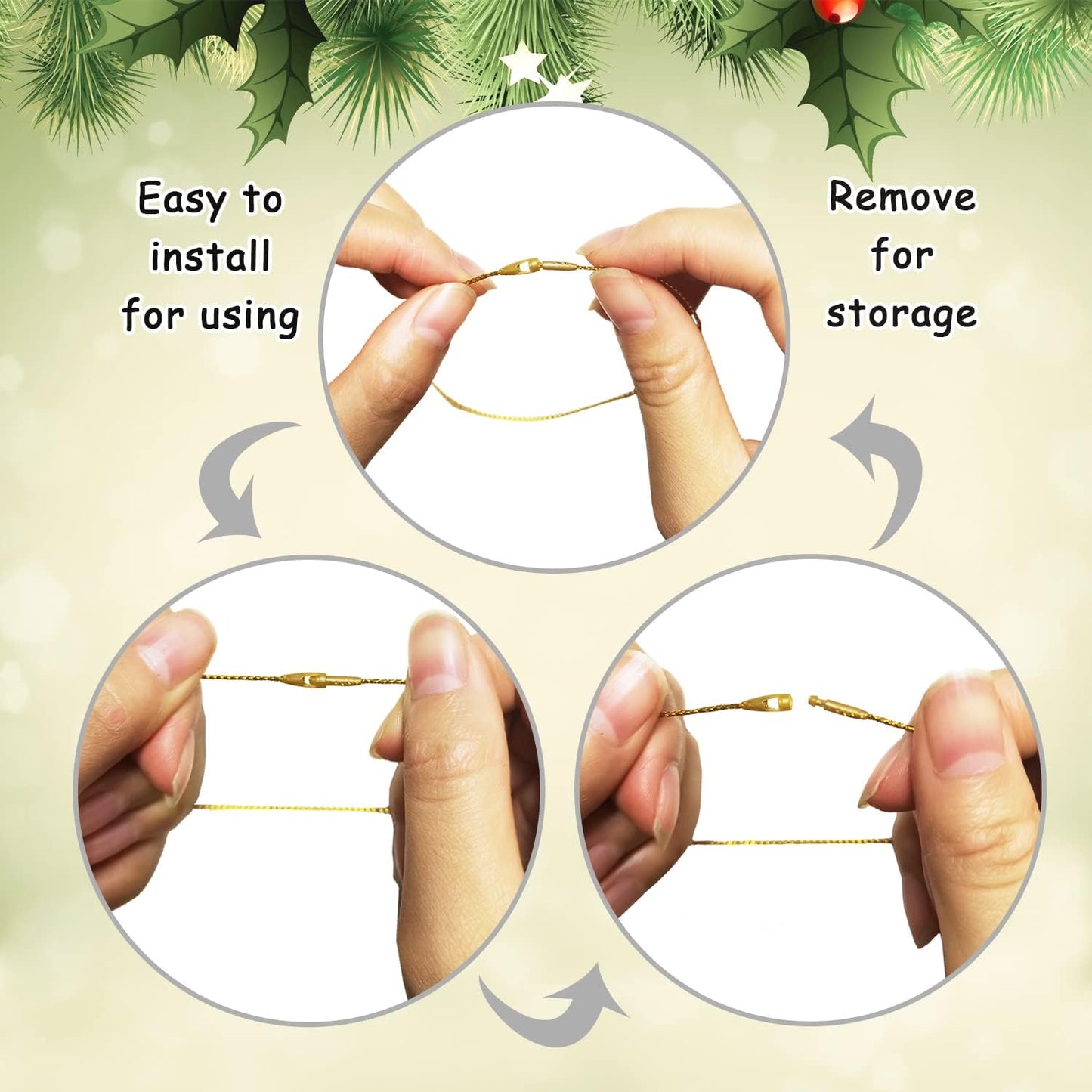 200Pcs Christmas Ornaments String Hanger Silver Precut Ribbon Hook for Christmas Tree Ornament Decorations with Snap Fastener