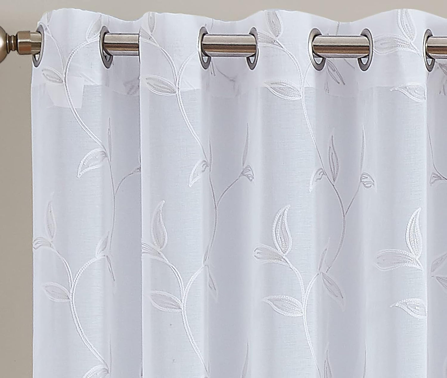 Pair of 2 Sheer White Curtains with White Leaf Embroidery. Modern Farmhouse Curtains for Living Room, for Kitchen or Bedroom Decor. (Maria 54 X 63 White)