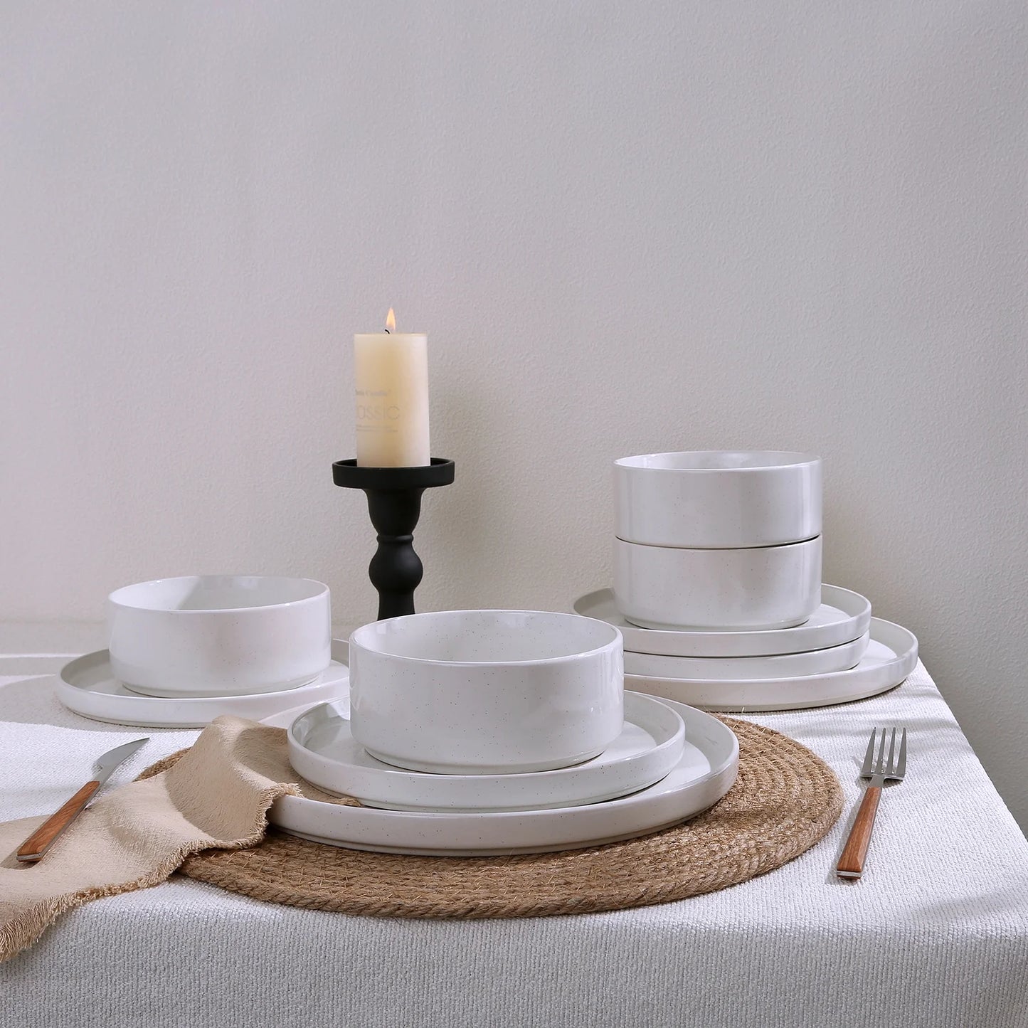12 Piece Dinnerware Set, Stoneware Plates and Bowls Set, Dish Set for 4, White
