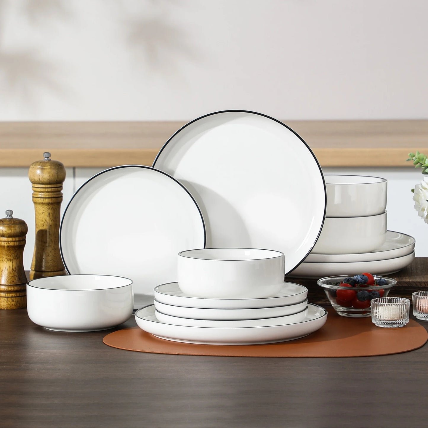 12 Pcs Dinnerware Sets, Plates and Bowls Set for 4, Ceramic Dinner Set, White and Black