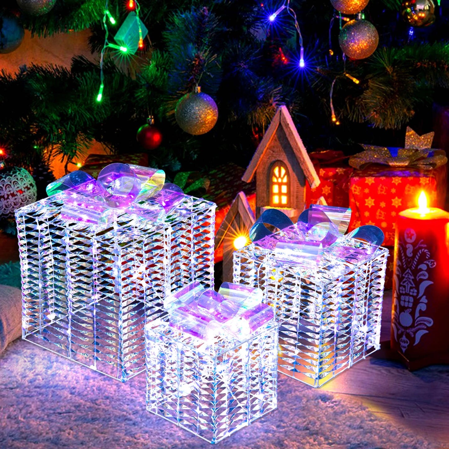 Set of 3 Iridescent Christmas Gift Box LED Lighted Present Box Decoration Yard
