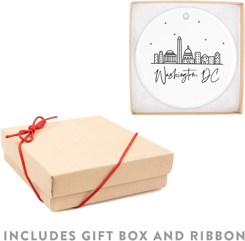round Ceramic Porcelain Christmas Tree Ornament, Washington, DC, Black and White Stars City Skyline, 1-Pack, Birthday Family Coworker, Includes Gift Box Washington DC Christmas Ornament