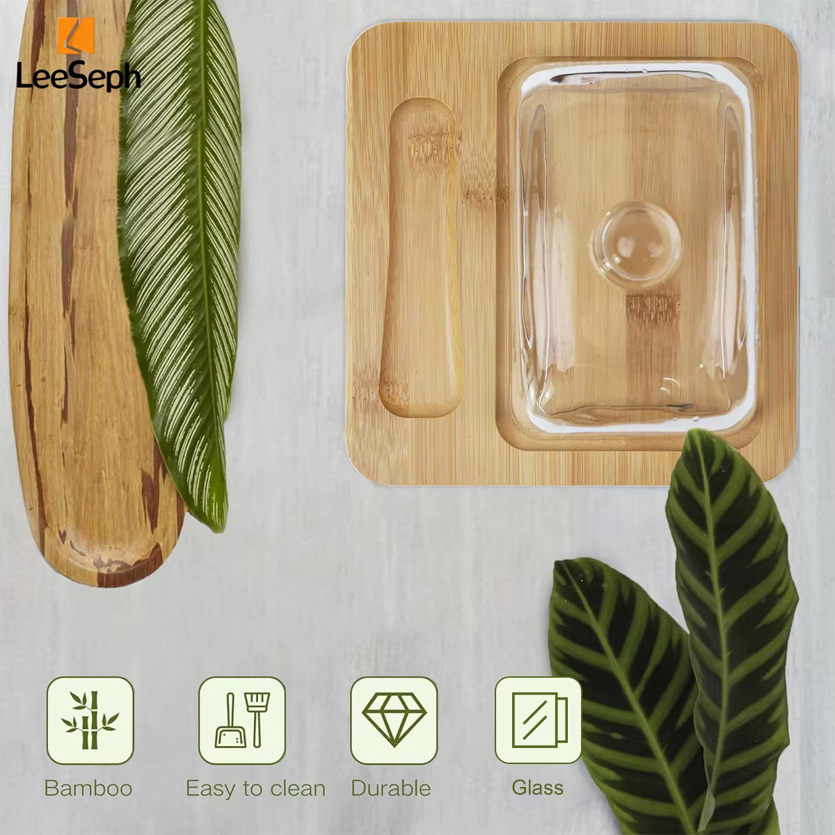 Bamboo Butter Dish with Glass Lid and Cutter, Reusable Butter Storage Dish Butter Case, Butter Container, Kitchen Tool