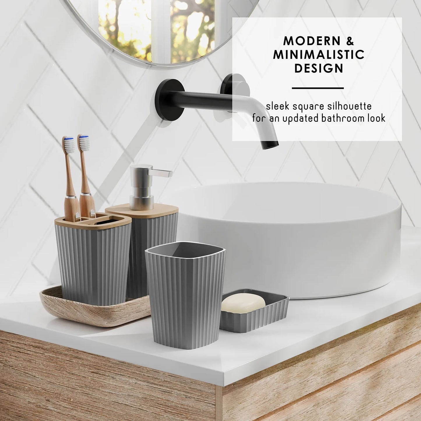 22 Piece Bamboo Bathroom Sets, Gray Bathroom Accessories Sets for Minimalistic Bathroom Décor