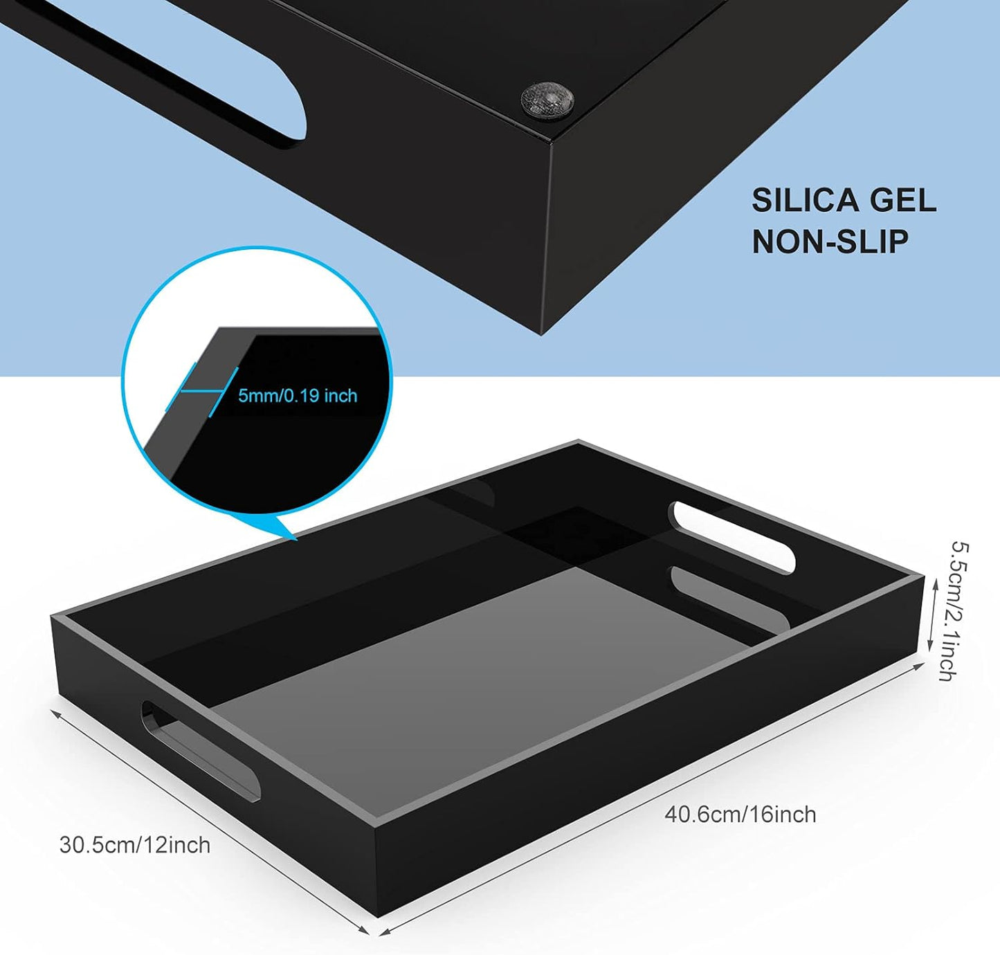 Acrylic Serving Trays with Handles, 16"X 12" Rectangle Sturdy Breakfast Tray, Black Decorative Trays Organiser for Bedroom, Kitchen, Living Room, Bathroom, Hospital and Outdoors