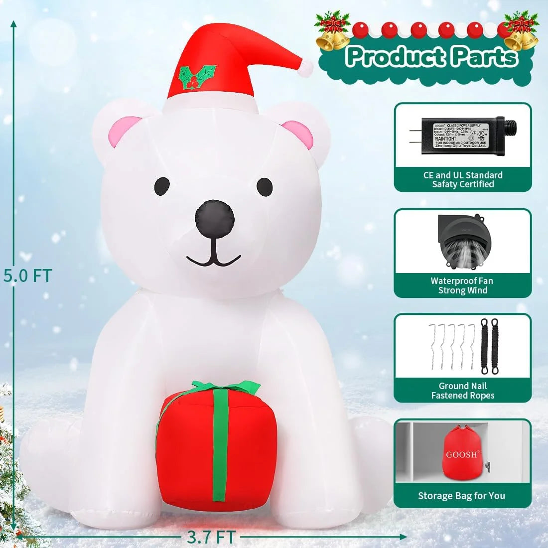 Christmas Inflatables 5 FT Polar Bear Blow up with LED Lights, Cute Inflatable Polar Bear Holding Present, Outdoor Christmas Decorations Polar Bear Inflatable for Xmas Holiday Party