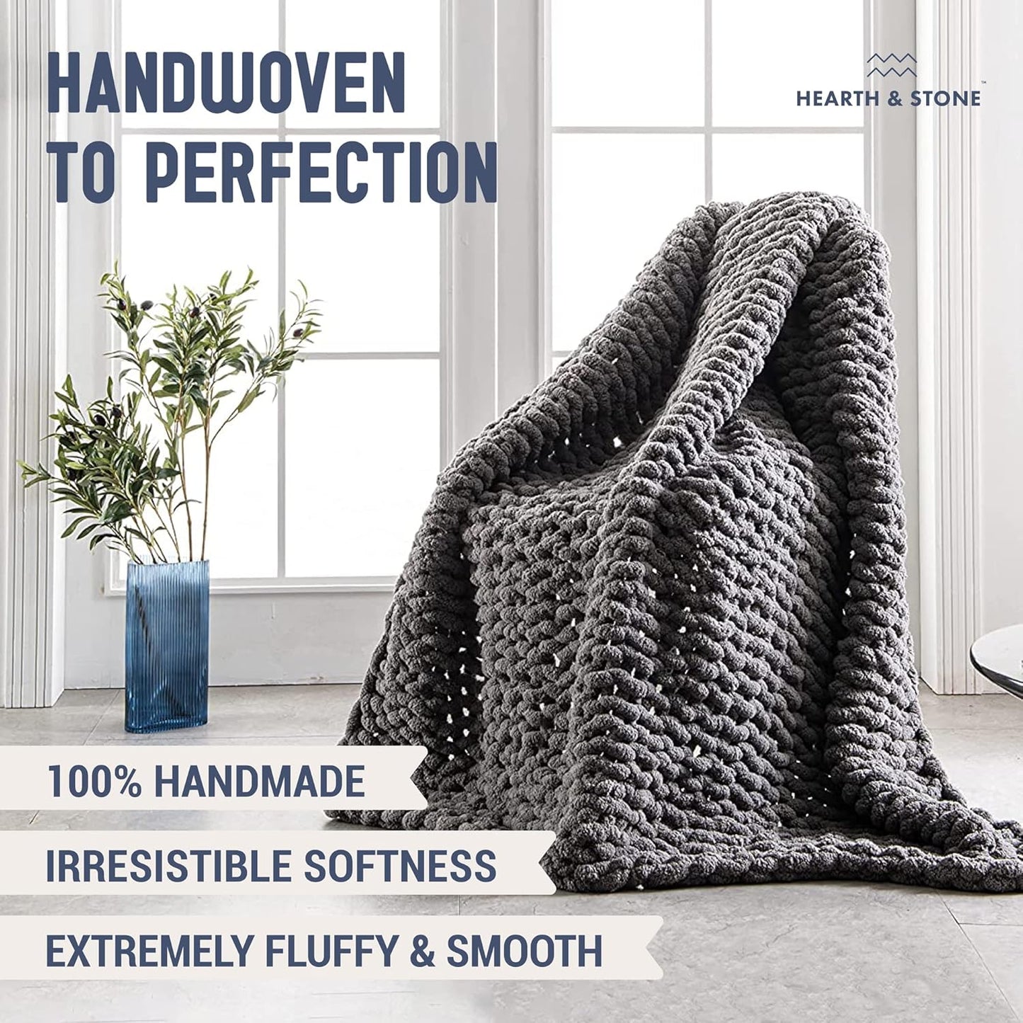 Chunky Knit Blanket (60X80 Inches) - Soft Knitted Yarn Blanket Large Gray - Handmade Throw Blanket Grey - Crochet Throw Blanket for Sofa, Bed, Couch (Slate Grey, 60X80 In)