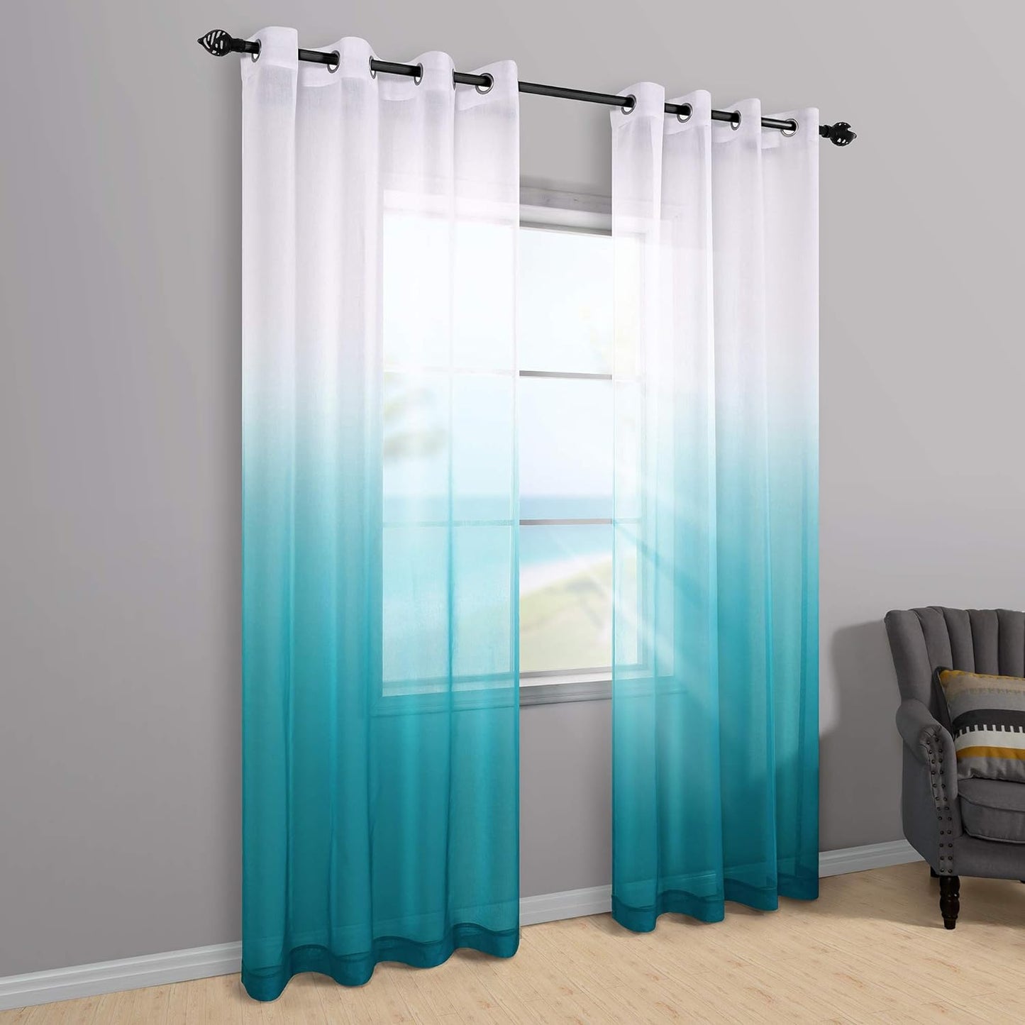 Teal Curtains 84 Inch Length for Bedroom Coastal Decor Pair Set 2 Panels Ombre Aqua Blue Turquoise Gradient Grommet Window Sheer Transparent Beach Curtains for Living Room Dining 52X84 Long