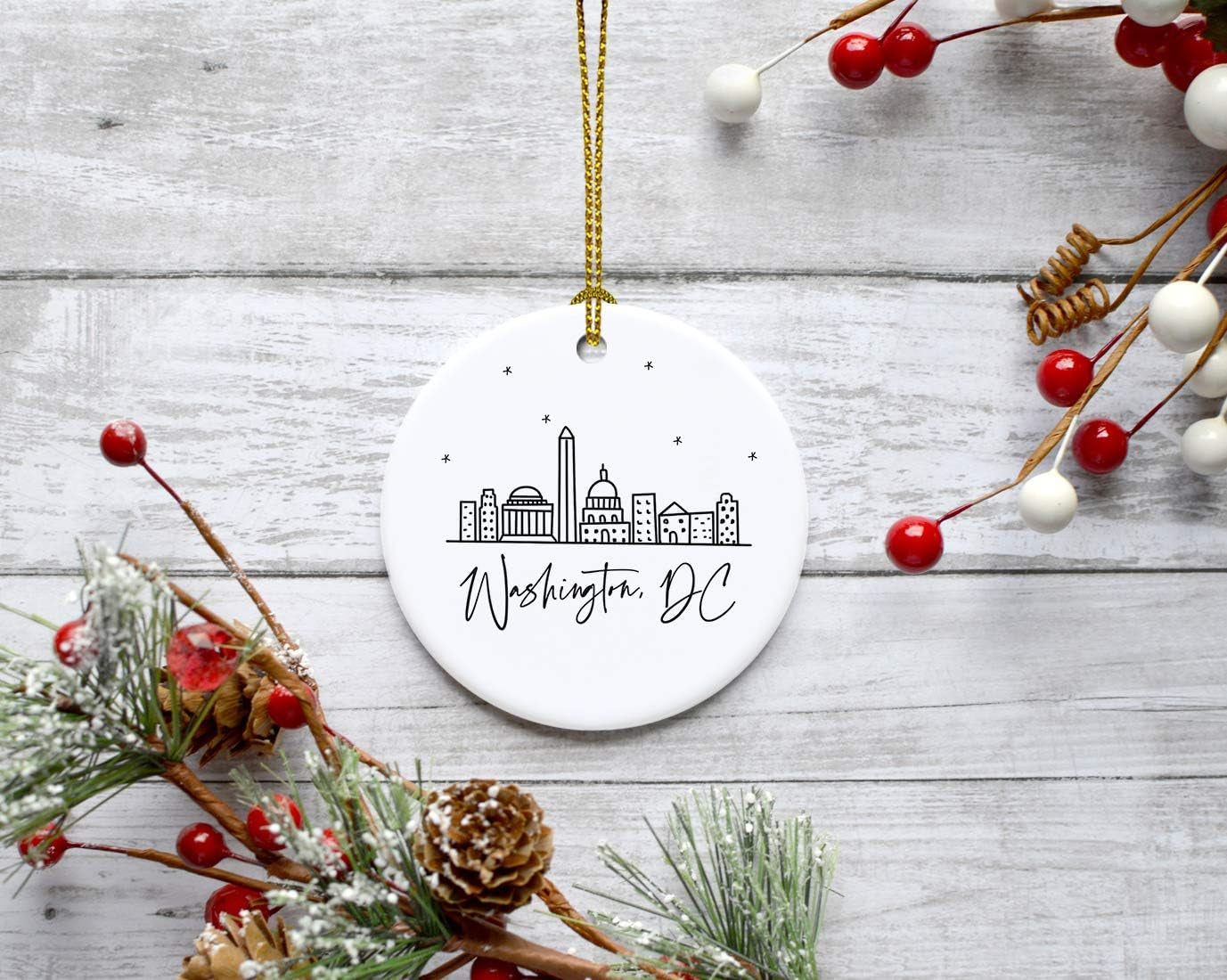 round Ceramic Porcelain Christmas Tree Ornament, Washington, DC, Black and White Stars City Skyline, 1-Pack, Birthday Family Coworker, Includes Gift Box Washington DC Christmas Ornament