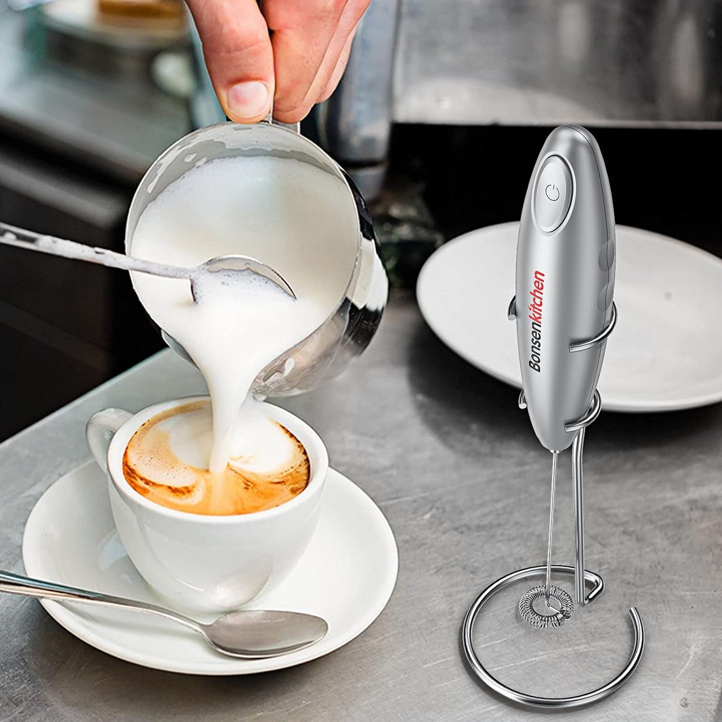 Electric Milk Frother Handheld, Portable Whisk Milk Foam Maker with Stainless Steel Stand, Drink Mixer for Coffee, Matcha, Electric Stirrer Coffee Mixer, Battery Operated(Not Included)