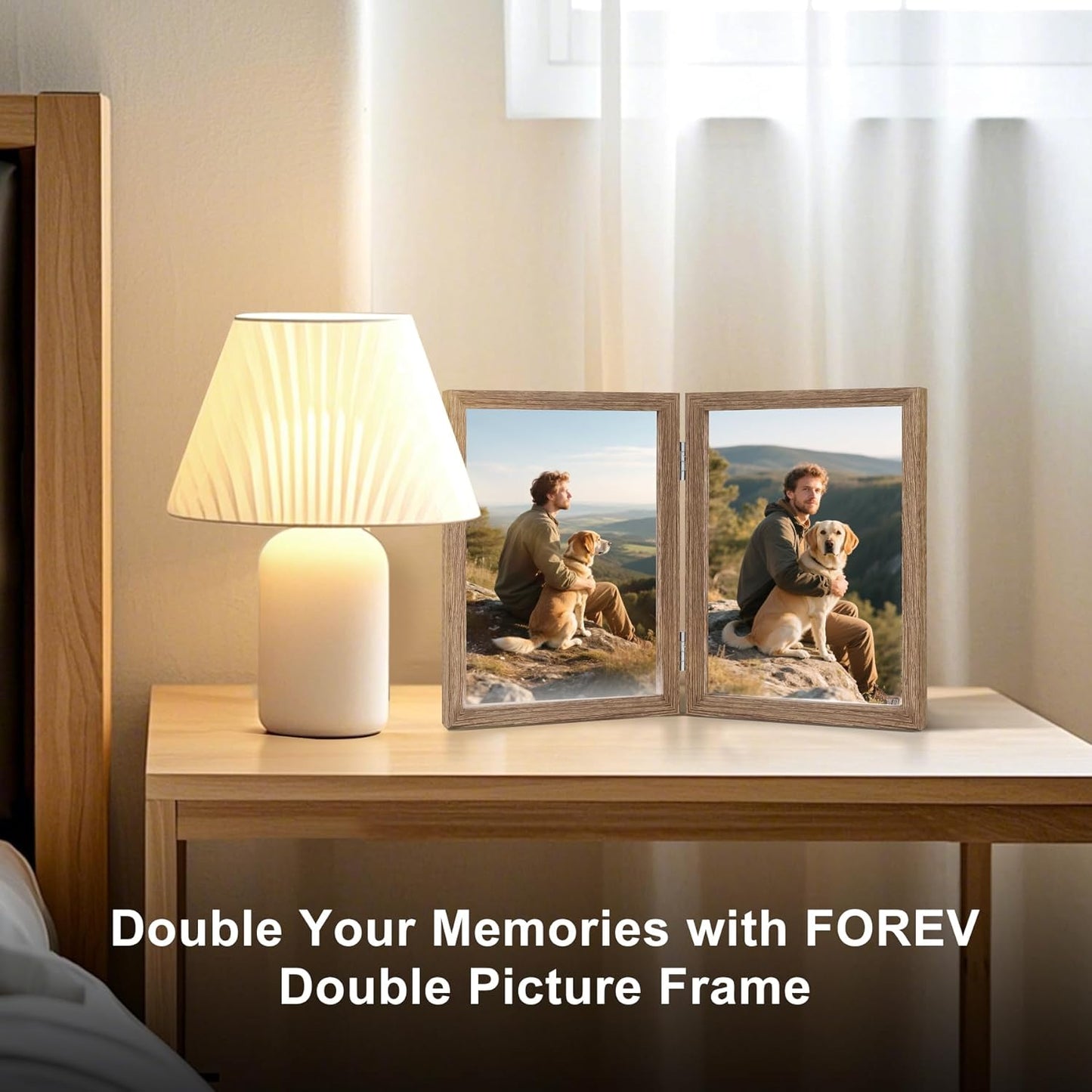 4X6 Double Picture Frame Wooden Hinged Photo Frame Definition Glass Stand Vertically on Desktop or Tabletop