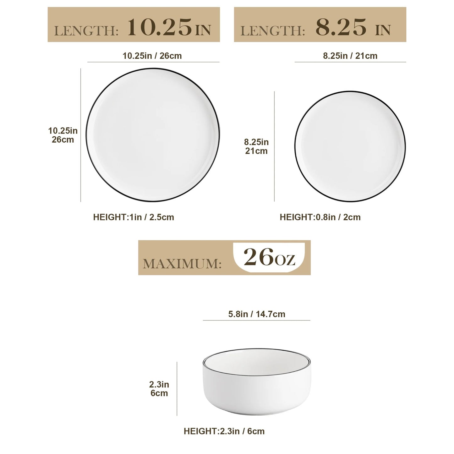 12 Pcs Dinnerware Sets, Plates and Bowls Set for 4, Ceramic Dinner Set, White and Black