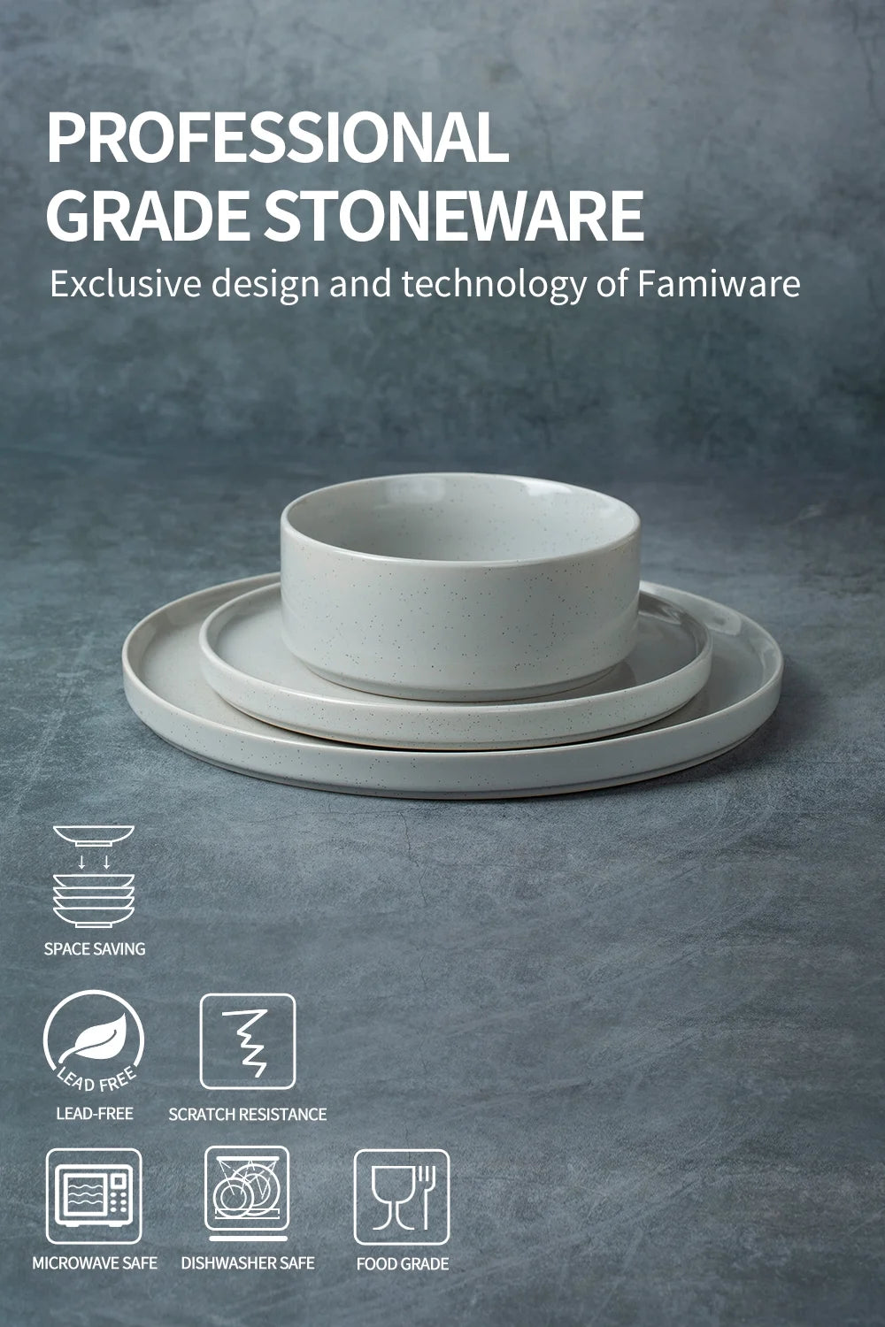 12 Piece Dinnerware Set, Stoneware Plates and Bowls Set, Dish Set for 4, Light Gray