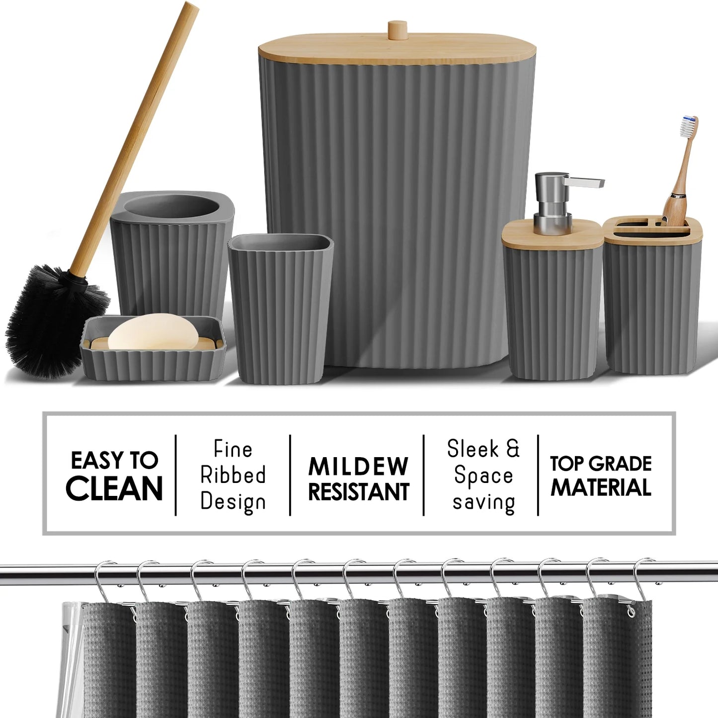 27 Piece Bamboo Bathroom Sets, Gray Bathroom Accessories Set with Bathroom Rugs and Shower Caddy Set