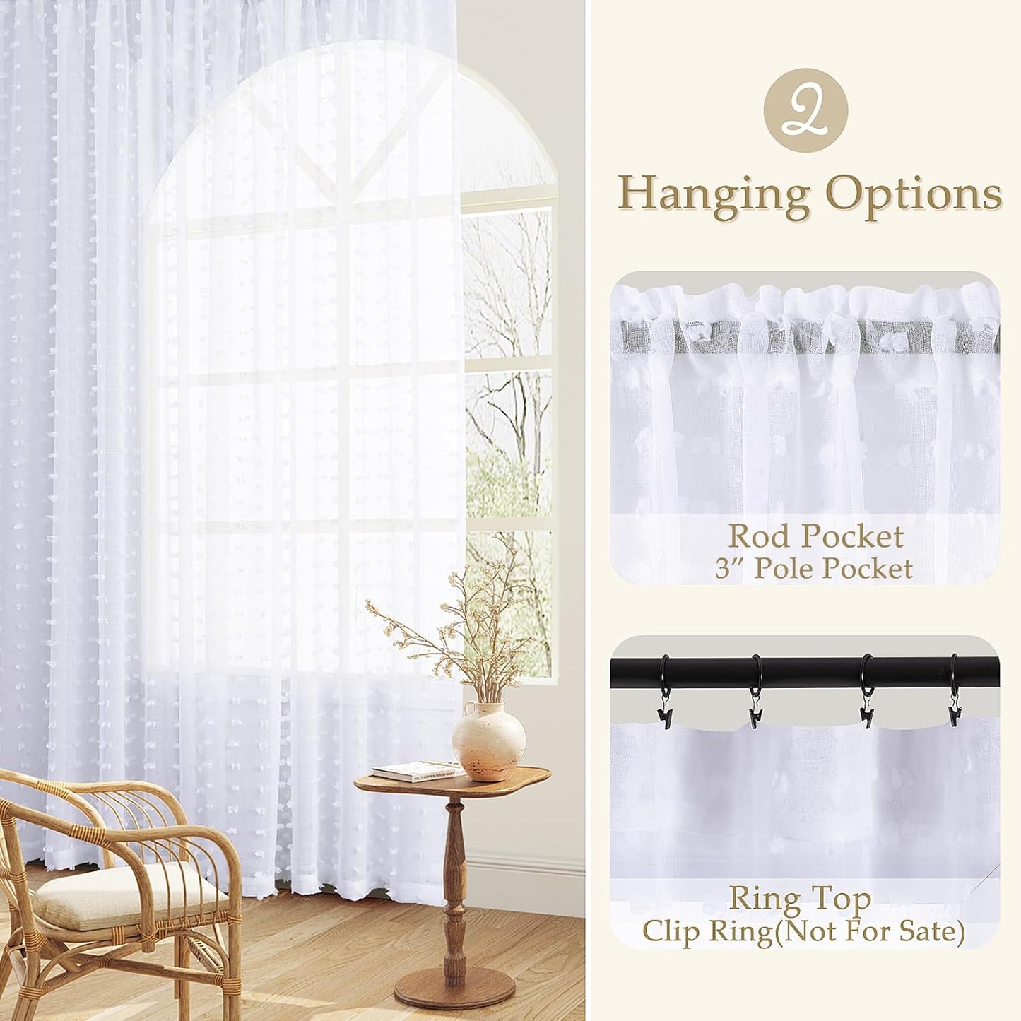 Sheer Curtains 84 Inch Length 2 Panels Sets for Living Room Bedroom 52 Inch Width Farmhouse Boho Drapes Light Filtering Pom Pom Curtains Tufted Semi Sheer Kids Rod Pocket,White,W52Xl84