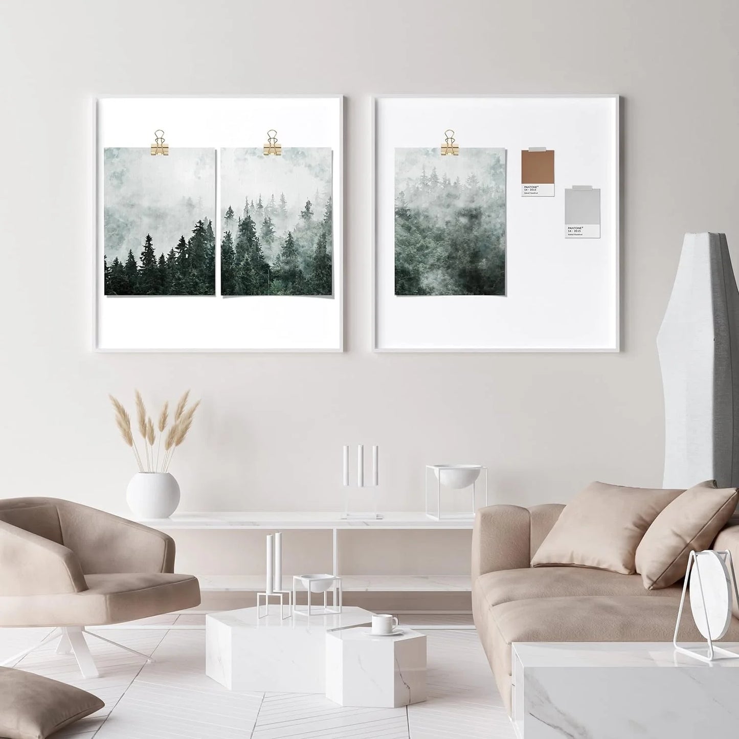 Adhesive Canvas Print Wall Art Set - Foggy Pine Tree Forest Misty Mountain Art - Set of 3 Nature Wilderness Landscape Artwork Illustrations Wall Décor - 12"X16"X3 Panels Unframed