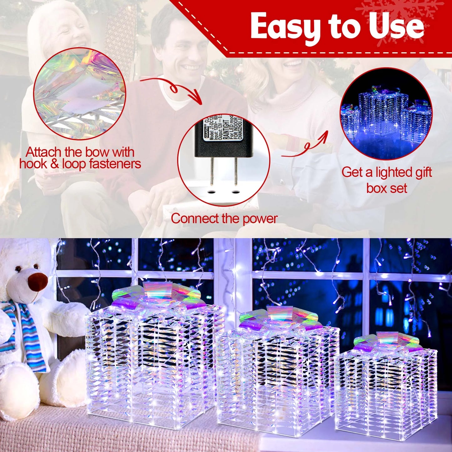 Set of 3 Iridescent Christmas Gift Box LED Lighted Present Box Decoration Yard