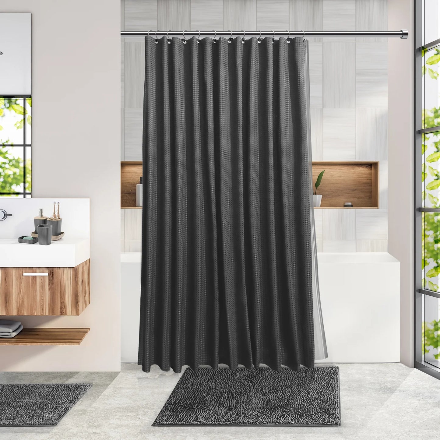 27 Piece Bamboo Bathroom Sets, Gray Bathroom Accessories Set with Bathroom Rugs and Shower Caddy Set