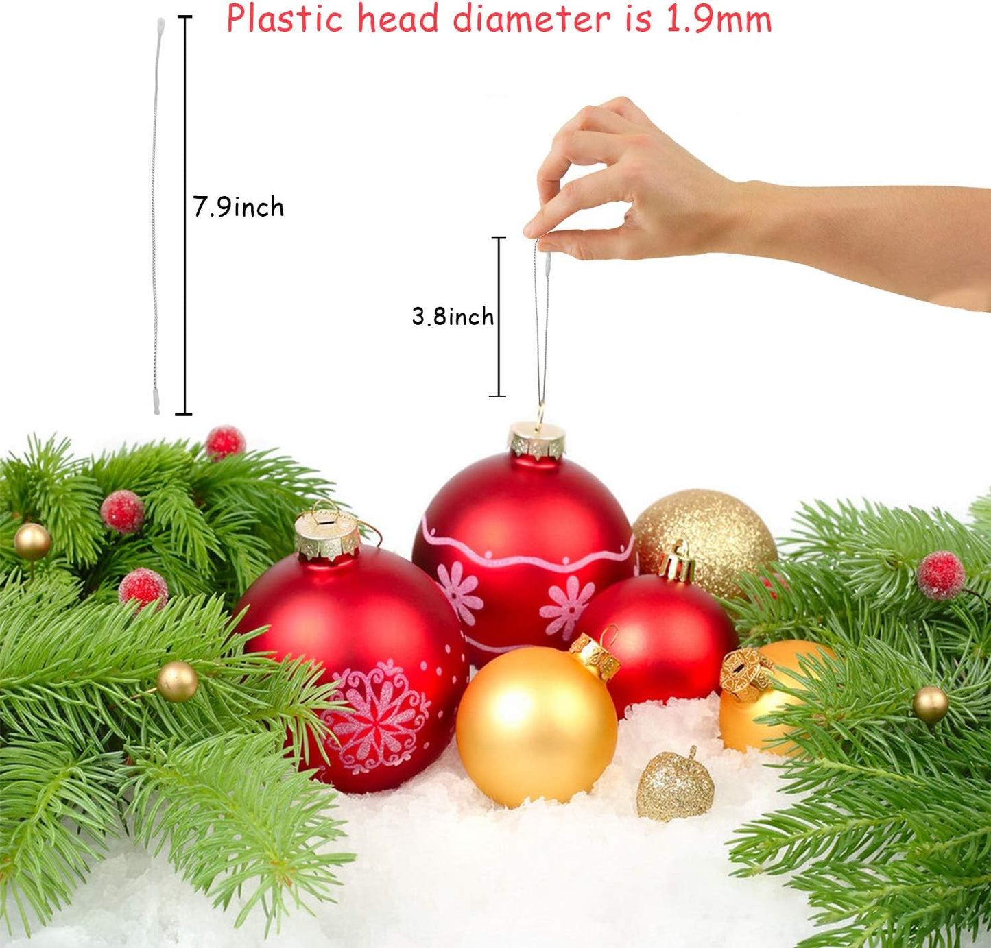 200Pcs Christmas Ornaments String Hanger Silver Precut Ribbon Hook for Christmas Tree Ornament Decorations with Snap Fastener