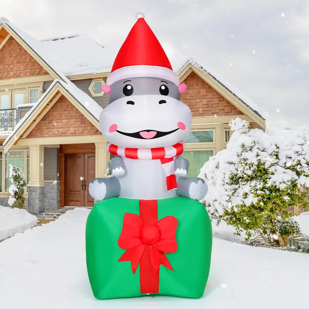 Christmas Inflatables 6.8 FT Christmas Hippo Inflatables with Built-In Leds, Smiling Hippo Blow up Sitting on Gift Box, Outdoor Christmas Decorations for Xmas Holiday Party Indoor Outdoor