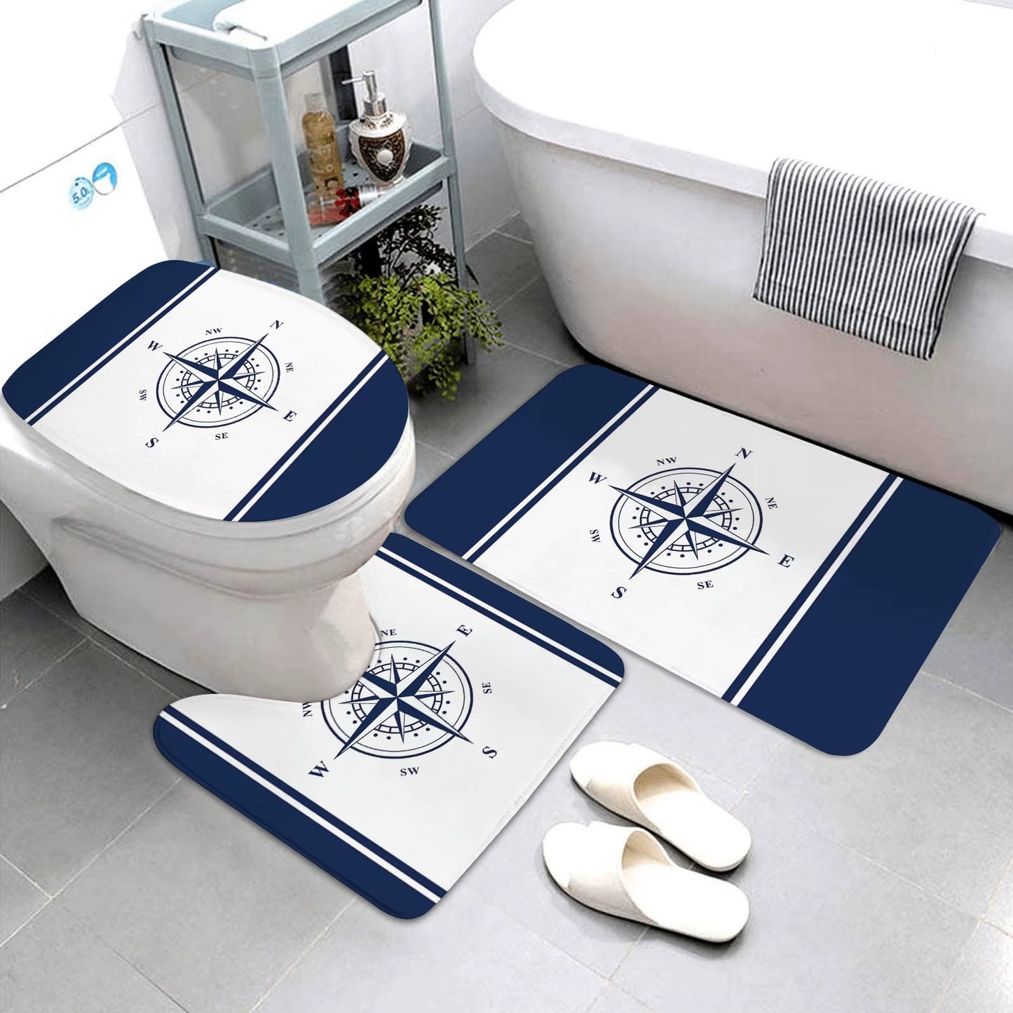 Dark Blue Nautical Series Bathroom Mats Bathroom Mats Three-Piece Set Bathroom Rugs and Mats Bathroom Products Can Be Customized