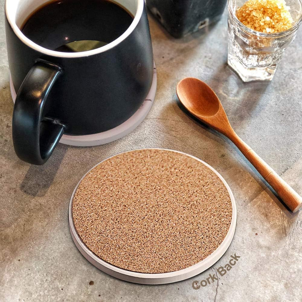 Coasters for Drinks, Absorbent Ceramic Stone Coasters Set with Metal Holder Stand, Cork Base, Marble Surface Pattern, Cups Place Mats for Home Decor, Set of 6 - White