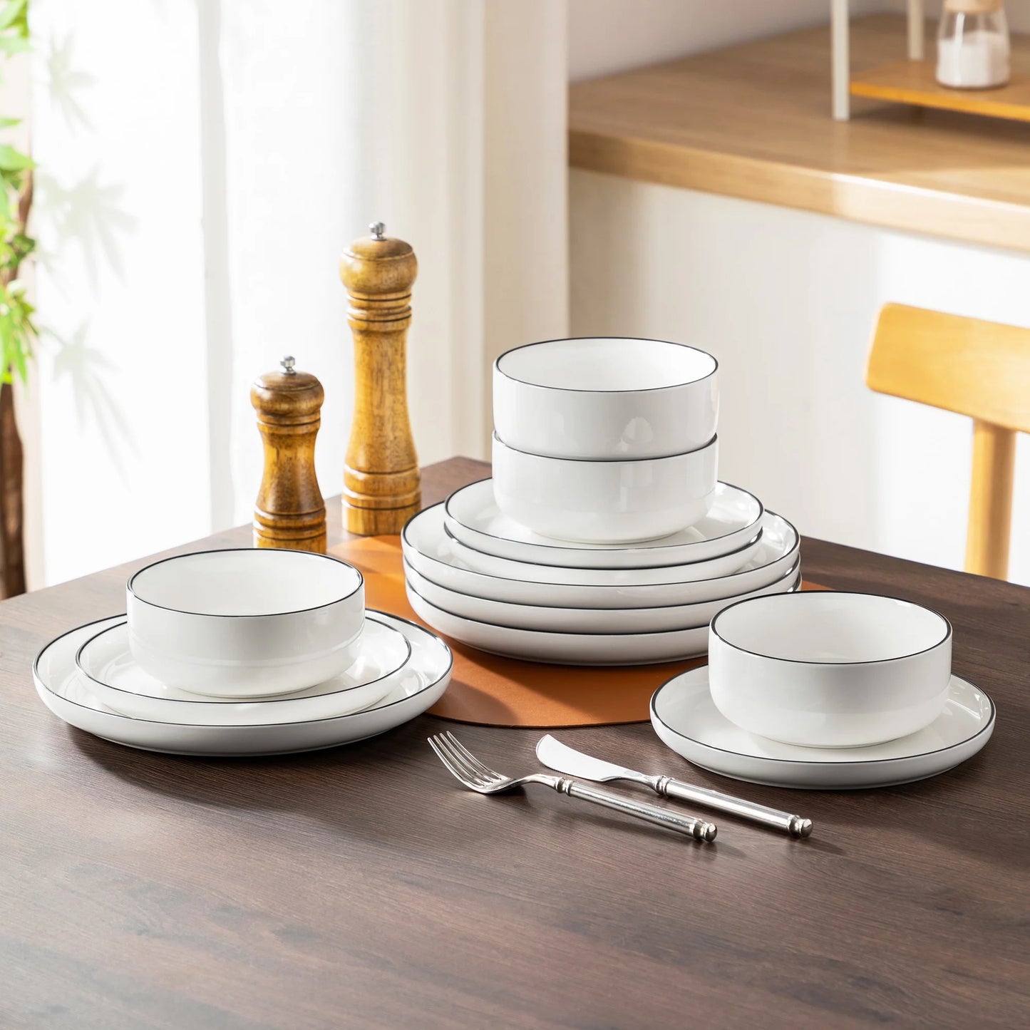 12 Pcs Dinnerware Sets, Plates and Bowls Set for 4, Ceramic Dinner Set, White and Black