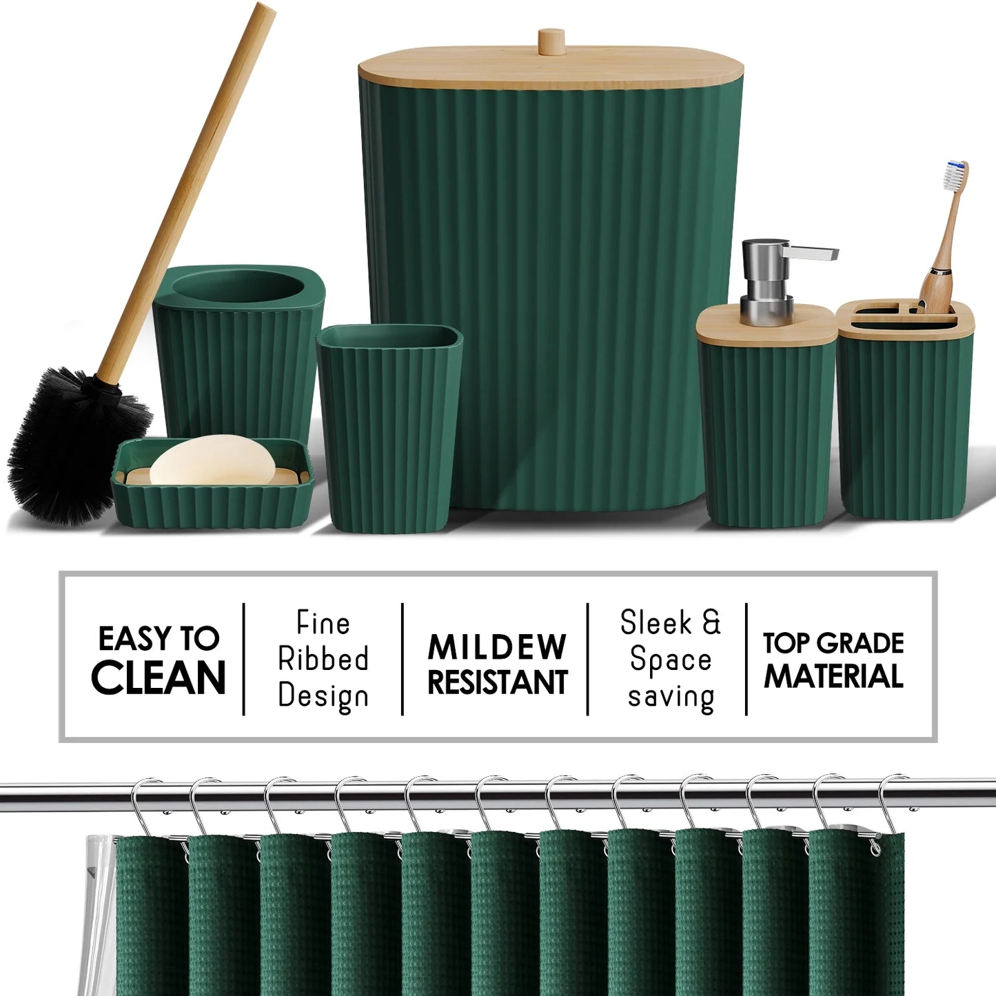 27 Piece Bamboo Bathroom Sets, Hunter Green Bathroom Accessories Set with Bathroom Rugs and Shower Caddy Set